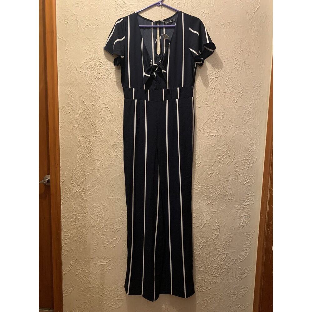 Crystal Sky Juniors Jumpsuit Wide Leg Striped Bow Tie Front Black White Sz 9 NWT